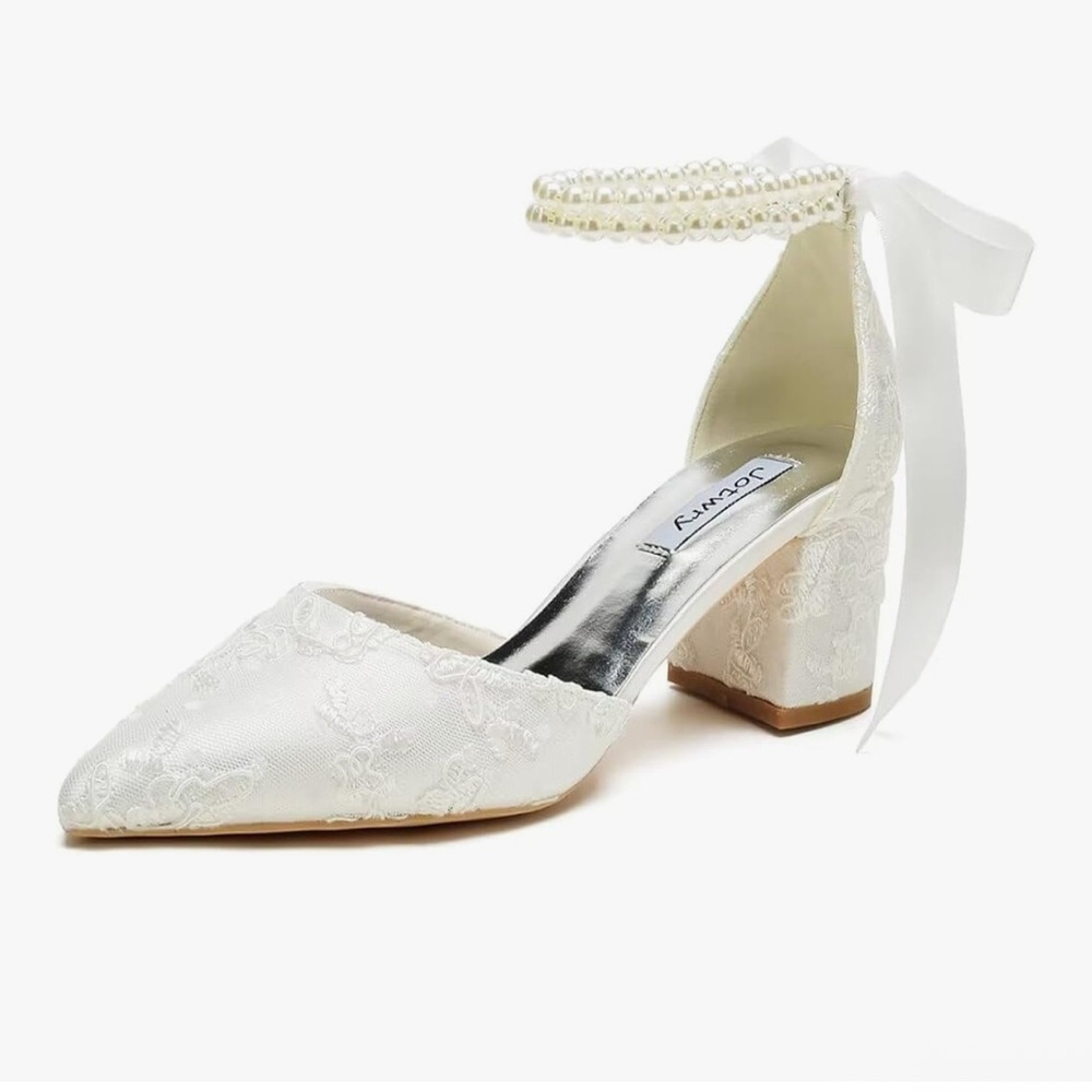 Elegant White Lace Heels with Pearl Ankle Strap